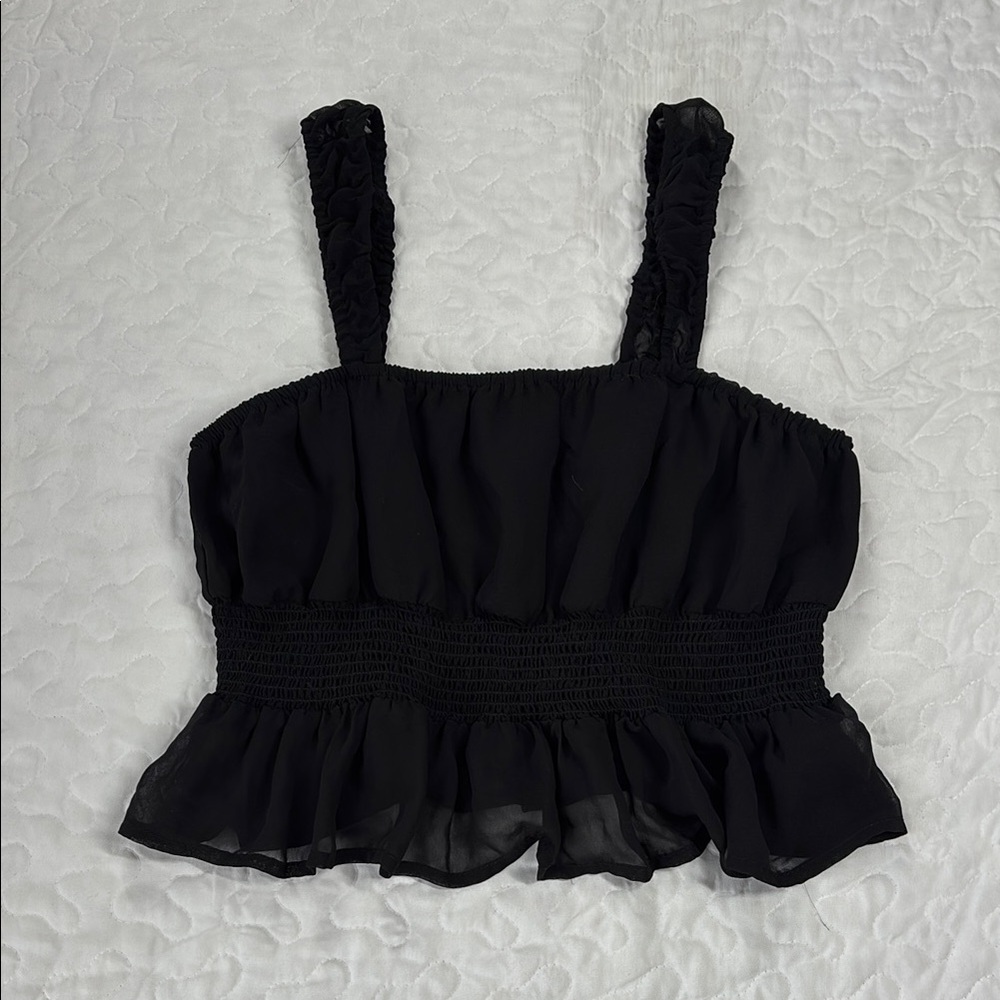 Forever 21 Black Sheer Ruched Sleeveless Cropped Camisole size medium